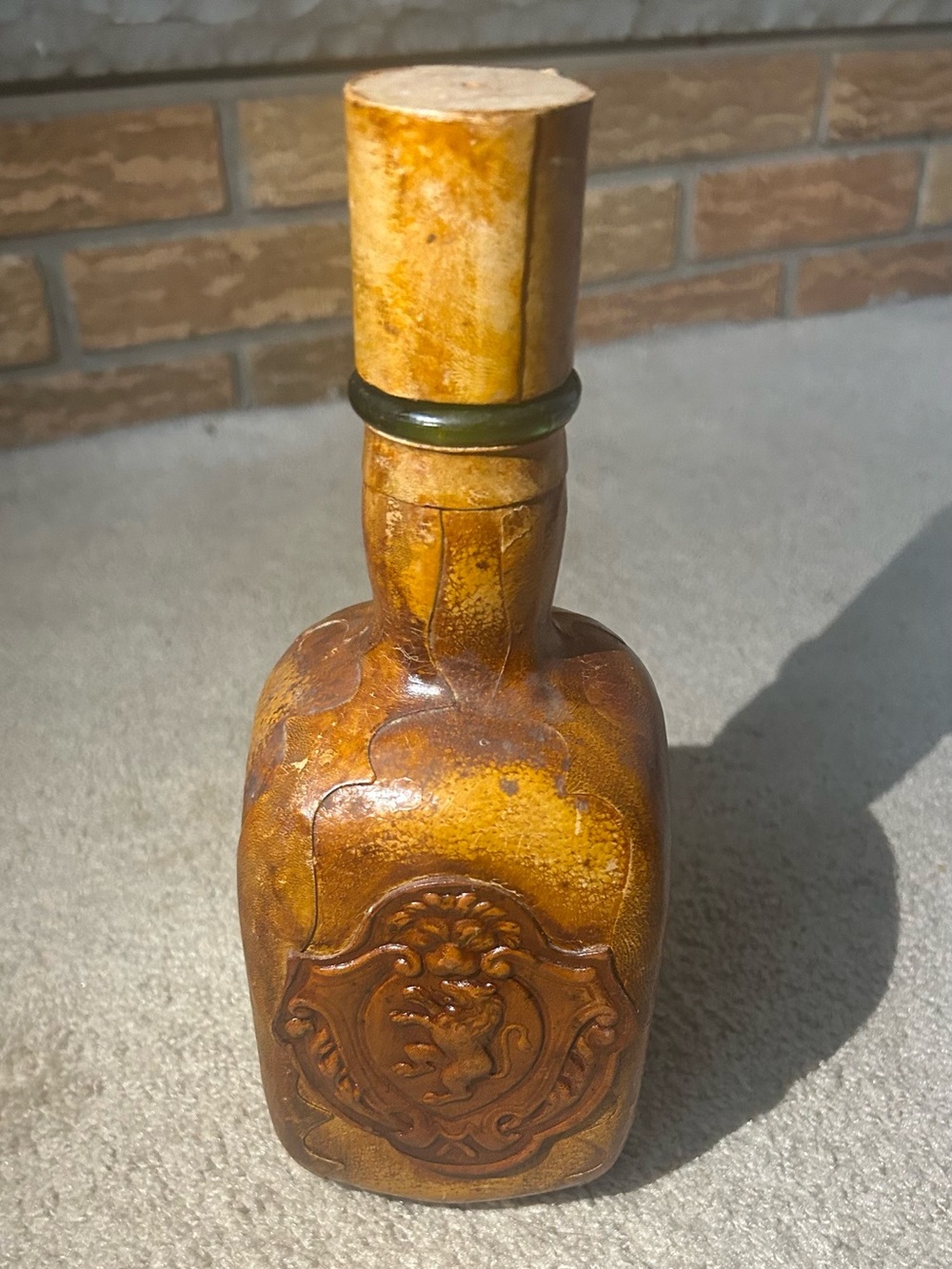 Vintage Brown Ceramic Lion Crest Liquor Decanter with Cork Stopper